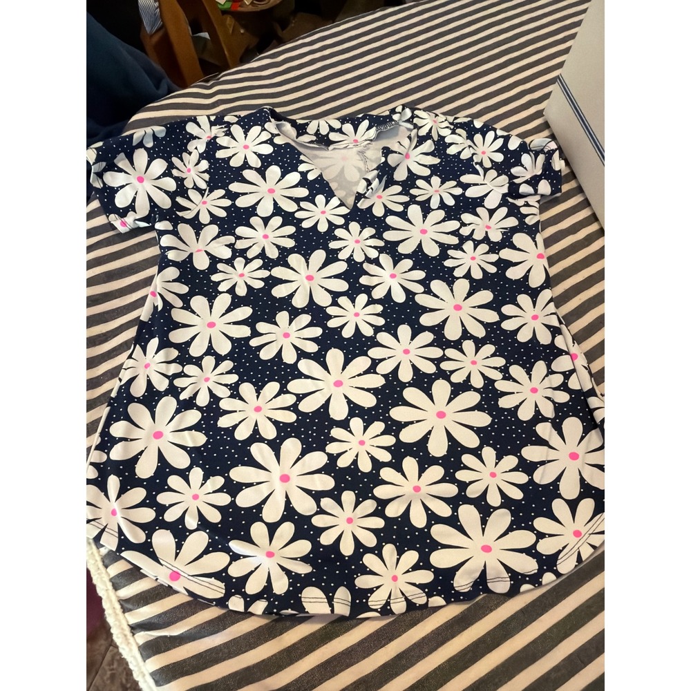 Lulu-B Womens Navy Blue Daisy Polka Dot V-Neck Short Sleeve Tunic Top Medium